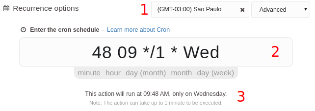 Recurrence options screenshot with cron fields and visual explanation