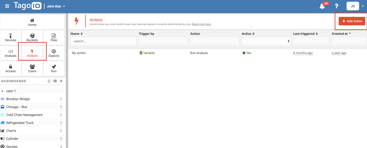 Actions screen showing the Add Action button and Actions list