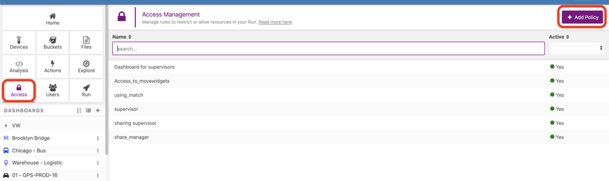 Access Management — policy list and Add Policy button