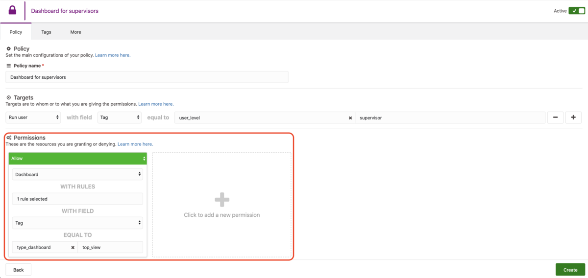 Permissions editor showing Targets and Permissions