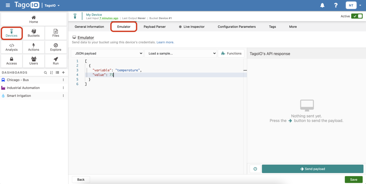 Device Emulator interface showing the Emulator tab, JSON payload editor, and a Send payload button