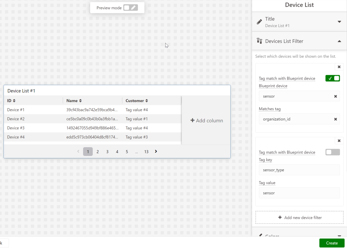 Device List widget configuration and preview