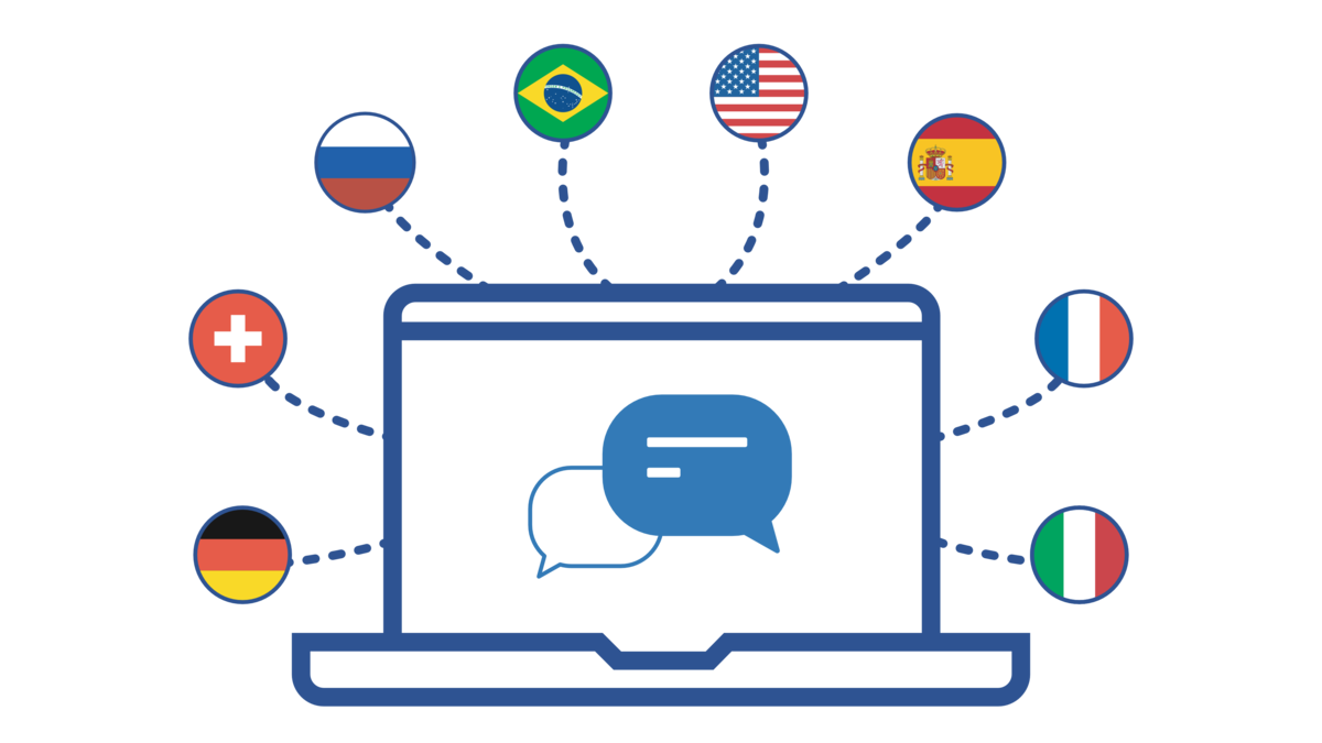 Illustration showing a laptop with language flags
