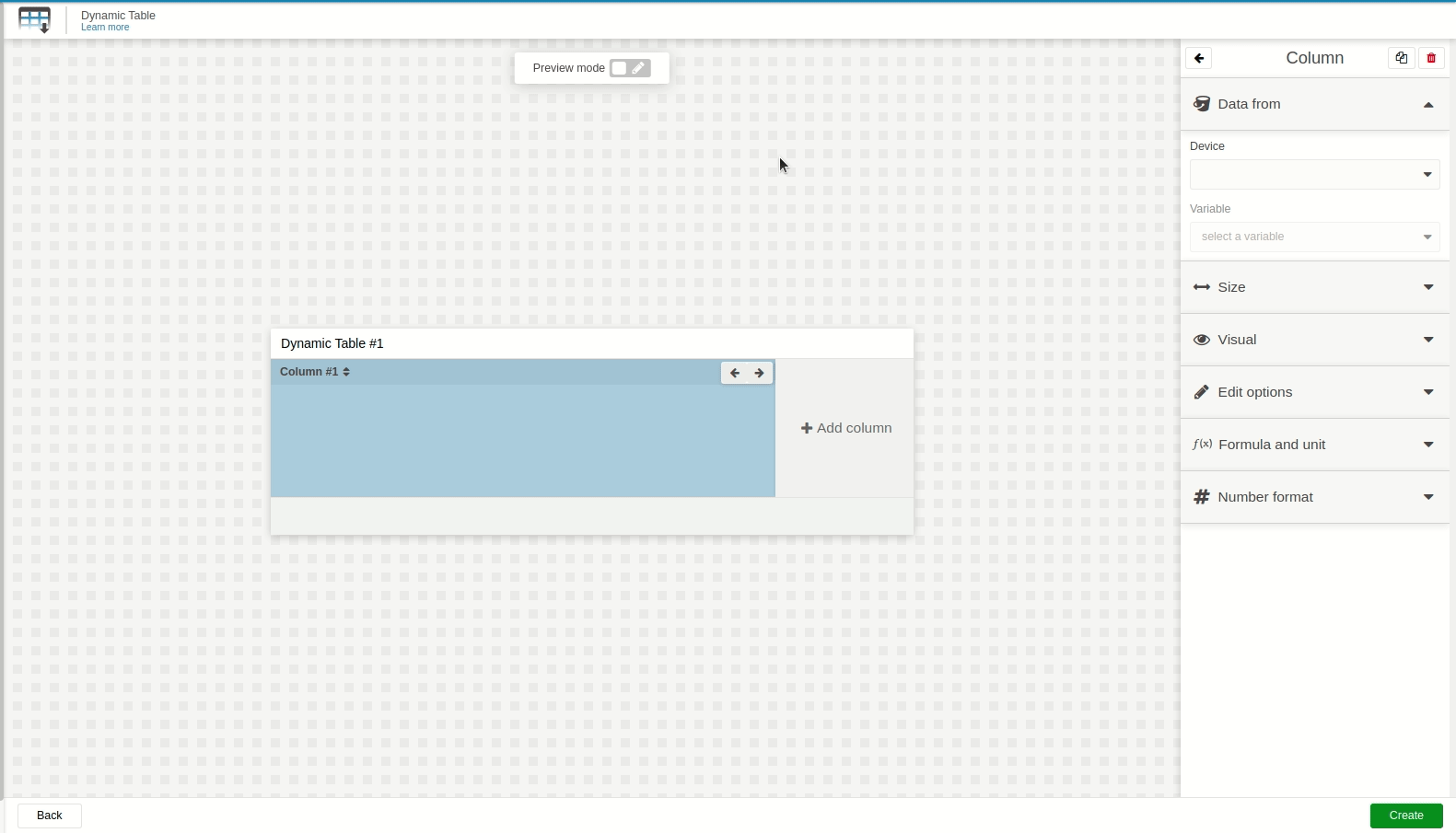 Dynamic Table Widget editor screenshot