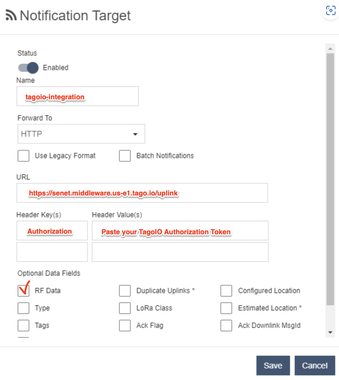 Notification Target configuration