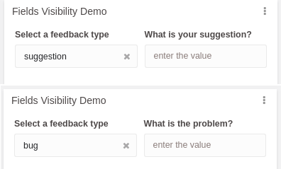 Fields Visibility demo showing conditional fields for feedback type