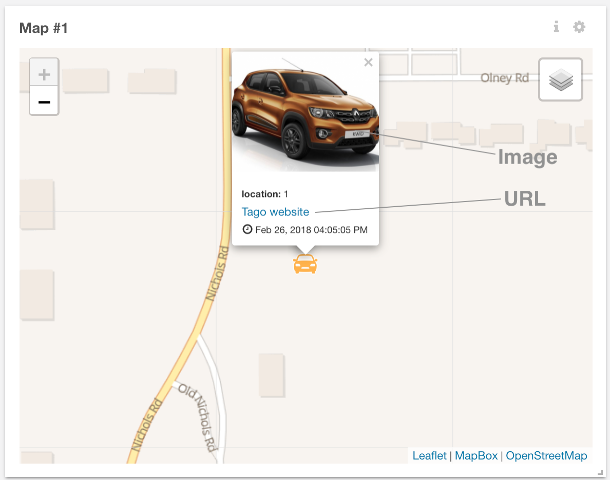 Map showing a pin popup with an image and a URL