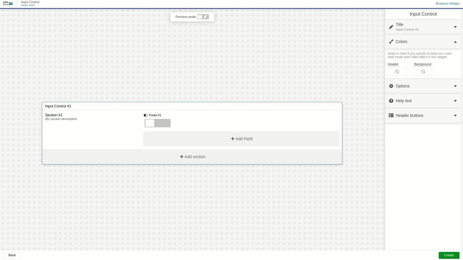 Input Control editor showing sections and fields