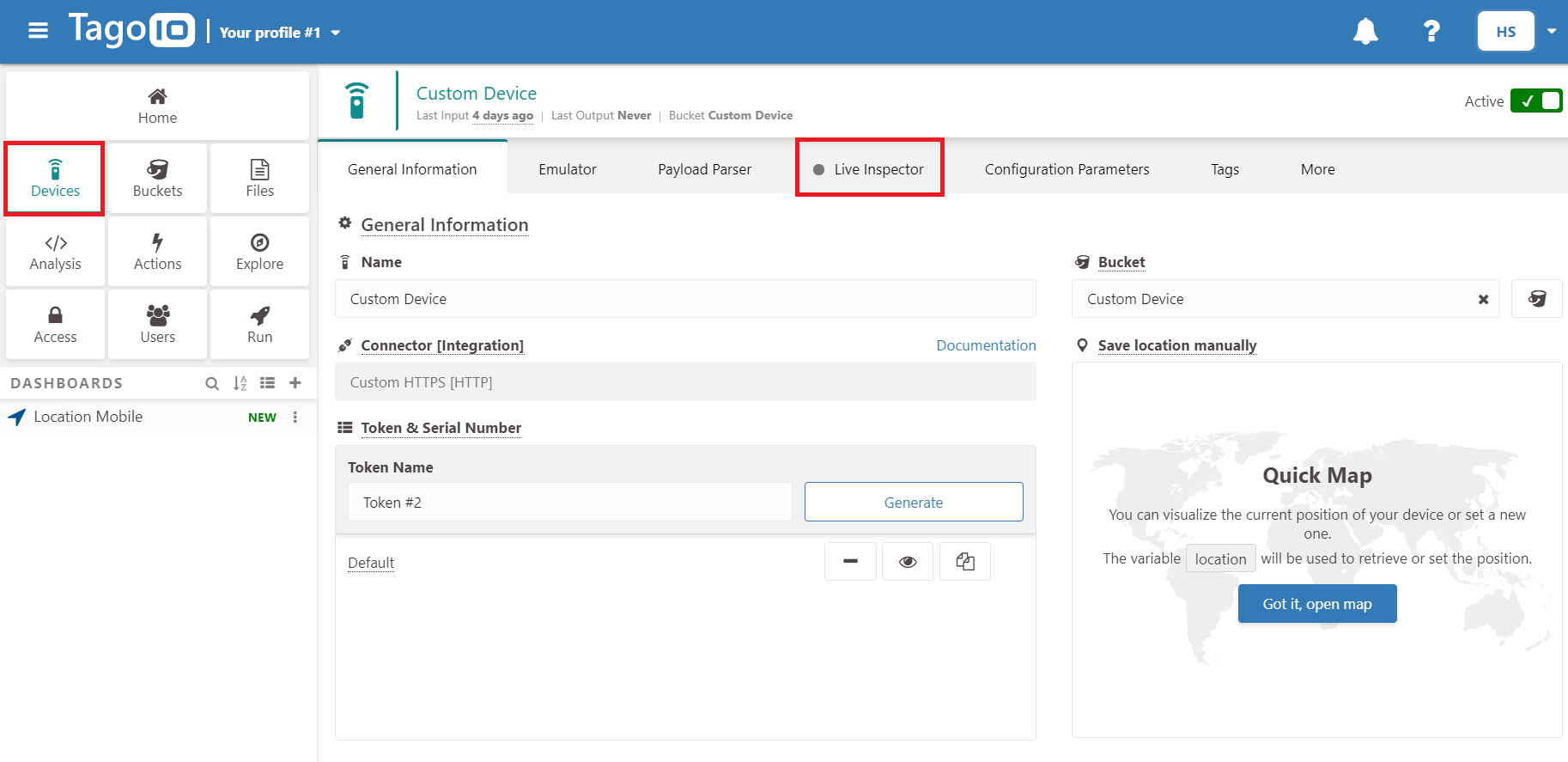 Device page showing the Live Inspector tab highlighted
