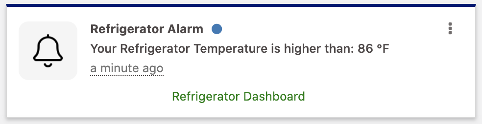 Notification example showing a Refrigerator Alarm card with a call-to-action link