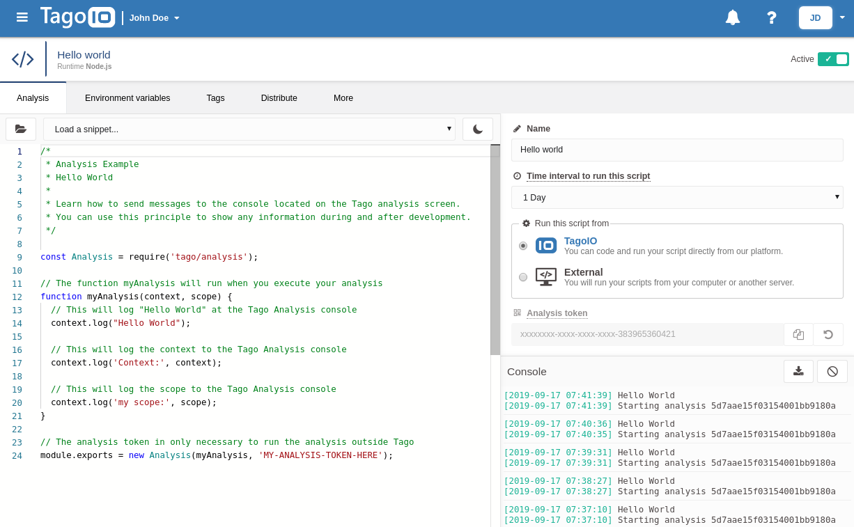 TagoIO Script Editor screenshot