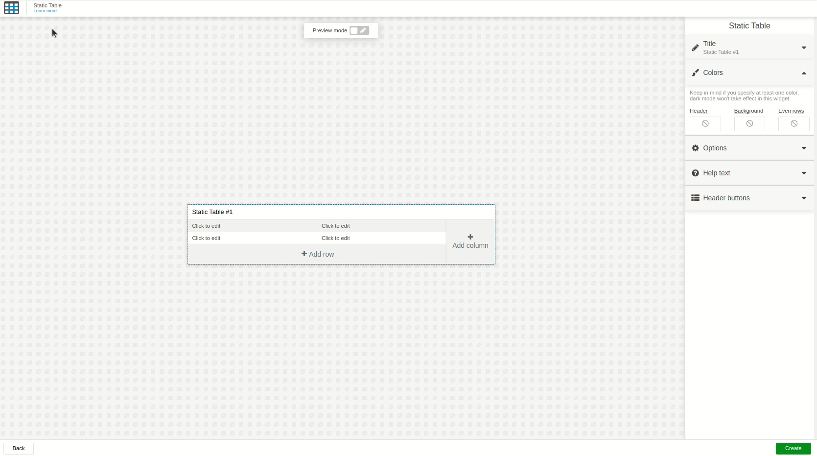 Static table editing screen