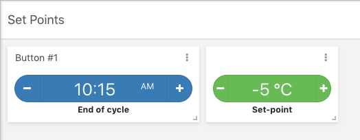 Step Button examples showing time and temperature controls with labels &quot;Button #1&quot;, &quot;10:15 AM&quot;, &quot;End of cycle&quot;, &quot;-5 °C&quot;, &quot;Set-point&quot;