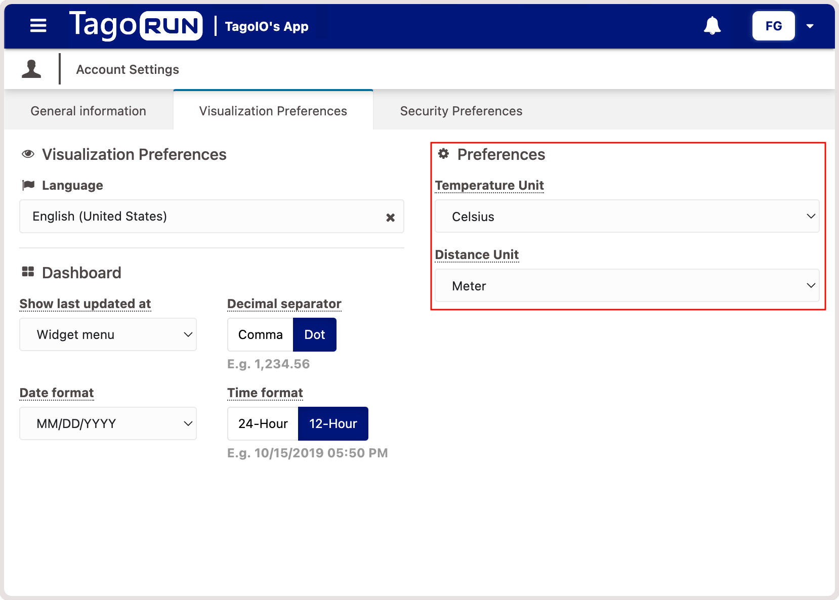 Custom Settings on TagoRun portal