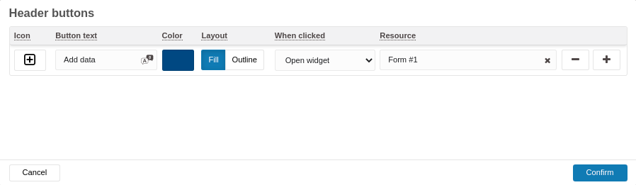 Header buttons configuration panel showing columns Icon, Button text, Color, Layout, When clicked, and Resource